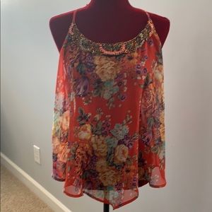 Flowing Floral Tank with Beaded Neck